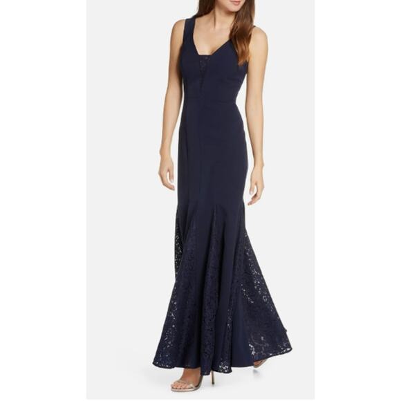 Eliza J Laguna Gown Women’s 4 Navy Blue Crepe Lace Inset Mermaid Trumpet‎ Dress - Picture 1 of 15
